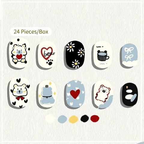 Unghie Finte per Bambini con Orsetto Cartoon Cuore Fiore Stampa Punte per Unghie Artificiali in Resina ABS Kit Manicure per Ragazze
