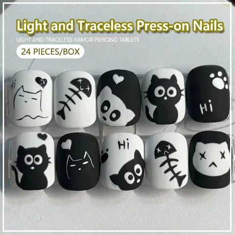 Faux Ongles à Presser pour Enfants Noir Blanc Chat de Dessin Animé Arête de Poisson en Résine ABS Faux Ongles pour Filles Manucure DIY