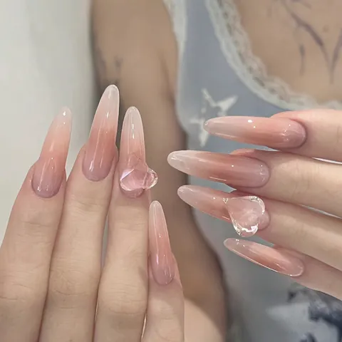 Handmade 3D Rhinestone Heart Pink Gradient Press On Nails Elegant Long Almond Stiletto Fake Nails For Women Manicure Decor