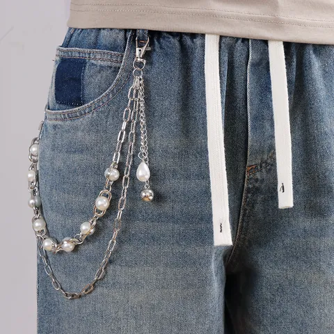 Hip Hop Multi-layer Pants Chain For Men Women Silver Color Metal Alloy Faux Pearl Patchwork Punk Denim Jeans Waist Chain Jewelry