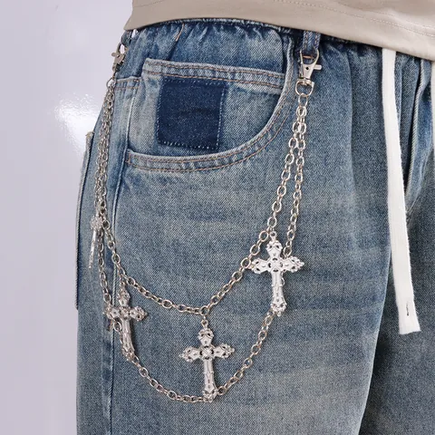 Punk Hip Hop Double Layer Metal Pants Chain Gothic Cross Pendant Waist Chain Streetwear Jeans Accessory For Men Women Silver
