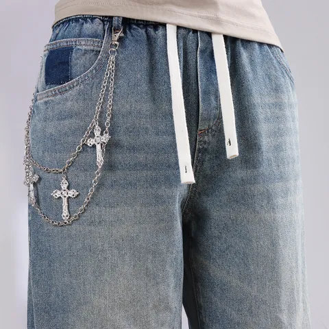 Punk Hip Hop Double Layer Metal Pants Chain Gothic Cross Pendant Waist Chain Streetwear Jeans Accessory For Men Women Silver