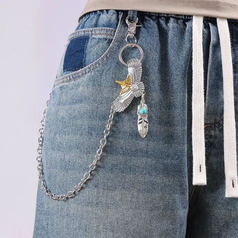 Vintage Adler Feder Hosenkette Legierung Türkis Biker Jeans Taillekette Für Herren Punk Retro Schmuck Doppelter Karabinerverschluss