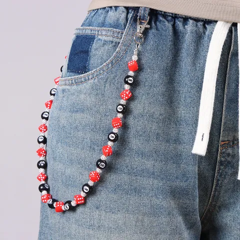 Catena per Pantaloni Hip Hop con Palla 8 e Dadi in Lega Resina e Strass Intarsiati Catena da Vita Streetwear Gioielli per Uomo Donna Jeans