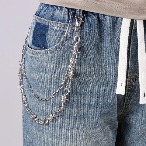 Punk Double Layer Barbed Wire Pant Chain Metal Alloy Hip Hop Streetwear Waist Link Belt For Men Women Jeans Accessory