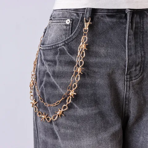 Punk Double Layer Barbed Wire Pant Chain Metal Alloy Hip Hop Streetwear Waist Link Belt For Men Women Jeans Accessory