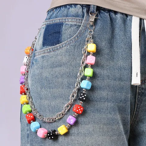 Streetwear Hip Hop Colorful Dice Double Layer Metal Waist Chain Pant Chain For Men Women Jeans Fashion Accessories