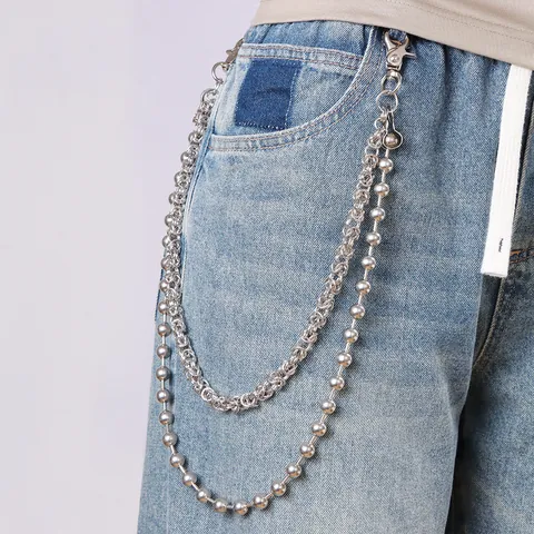 Cadena de Pantalones de Aleación de Doble Capa Hip Hop para Hombres Mujeres Punk Quilla Cuentas Jeans Cadena de Billetera Accesorio Streetwear