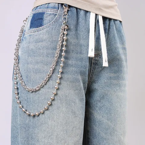 Cadena de Pantalones de Aleación de Doble Capa Hip Hop para Hombres Mujeres Punk Quilla Cuentas Jeans Cadena de Billetera Accesorio Streetwear