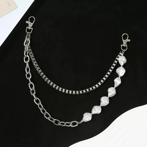 Hip Hop Double Layer Alloy Metal Chain Waist Belt With Faux Artificial Pearl For Jeans Pocket Unisex Streetwear Decorative Body Jewelry