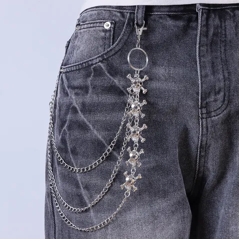 Chaîne de Pantalon Multicouche en Métal Punk Hip Hop Avec Pendentifs Crâne Alliage d'Argent Chaîne de Portefeuille pour Hommes Femmes
