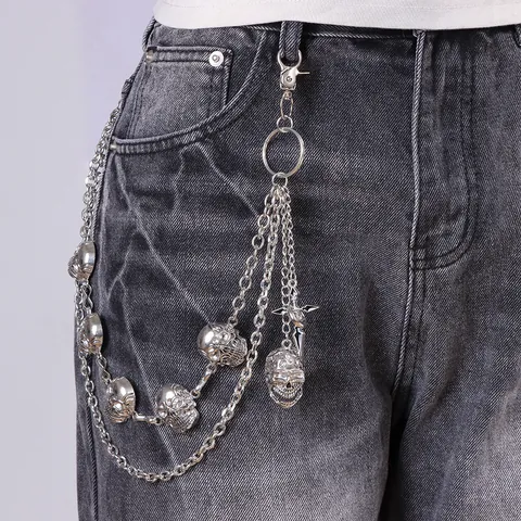 Punk Multi-Layer Skull Trouser Chain For Men Silver Alloy Hip Hop Waist Belt Chain With Cross Sword Pendant Gothic Jewelry