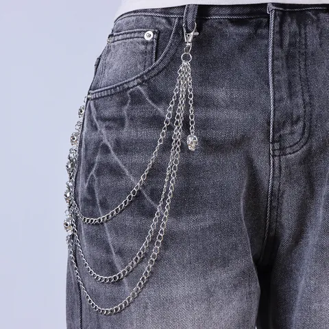 Chaîne de Pantalon Multicouche en Métal Punk Hip Hop Avec Pendentifs Crâne Alliage d'Argent Chaîne de Portefeuille pour Hommes Femmes