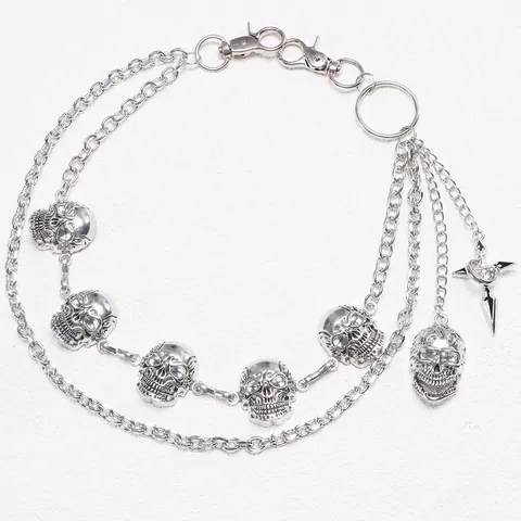 Punk Multi-Layer Skull Trouser Chain For Men Silver Alloy Hip Hop Waist Belt Chain With Cross Sword Pendant Gothic Jewelry