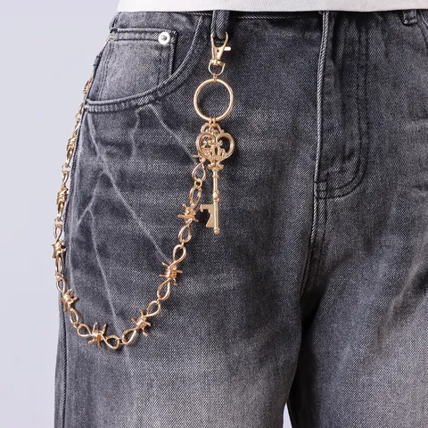 Punk Prikkeldraad Goud Metalen Taille Ketting Voor Mannen Vrouwen Hip Hop Zinklegering Broekketting Met Kroon Sleutel Hanger Sieraden