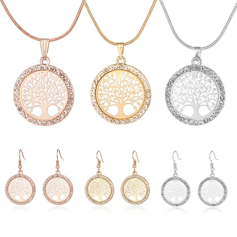 Fashion Alloy Zirconia Life Tree Pendant Necklace Earrings Jewelry Set For Women Vintage Hollow Round Rhinestone Snake Chain Jewelry Gift