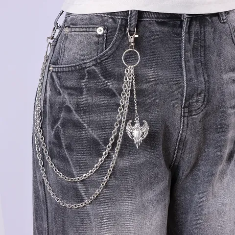 Men Hip Hop Zinc Alloy Multi Layer Metal Waist Chain Punk Gothic Skeleton Eagle Fleur-De-Lis Pendant Denim Jeans Wallet Chain Decoration