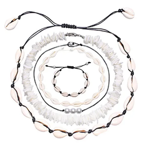 Bohemian Natural Shell Pearl Necklace Bracelet Jewelry Set Adjustable Woven Rope Choker For Women Beach Vacation Gift