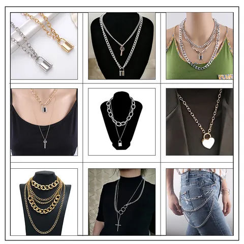 Vintage Alloy Layered Lock And Key Pendant Necklace Punk Street Wear Gold Silver Color Cross Heart Multi Layer Jewelry For Women Men