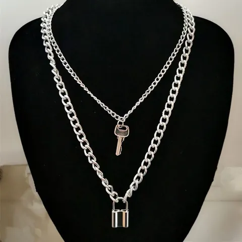 Vintage Alloy Layered Lock And Key Pendant Necklace Punk Street Wear Gold Silver Color Cross Heart Multi Layer Jewelry For Women Men