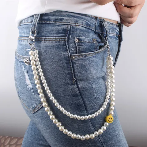 Mode Dubbellaagse Imitatieparel Broekketting Met Smiley Gezicht Decoratie Legering Gesp Tailleketting Voor Vrouwen Streetwear Accessoire