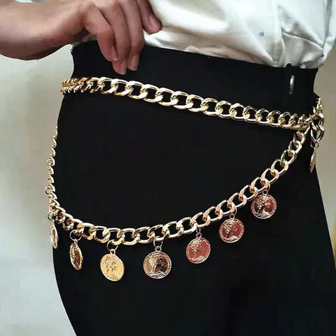 Women's Vintage Alloy Double Layer Waist Chain With Portrait Coin Pendants Curb Chain Belt For Dresses Party Jewelry