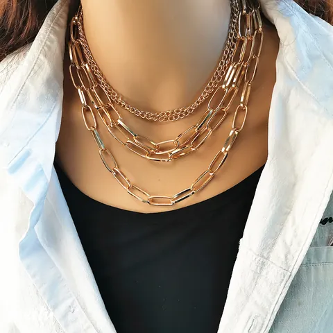 Statement Alloy Gold Silver Plated Multi-layer Paperclip Chain Necklace For Women Personalized Geometric Link Chunky Necklace Jewelry Gift