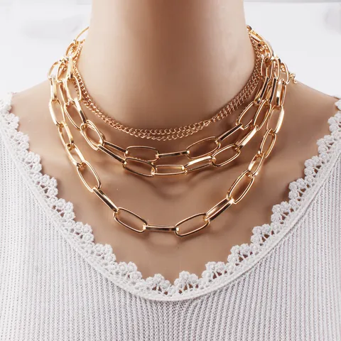 Statement Alloy Gold Silver Plated Multi-layer Paperclip Chain Necklace For Women Personalized Geometric Link Chunky Necklace Jewelry Gift