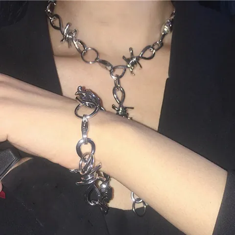 Barbed Wire Thorn Chain Necklace Bracelet Waist Chain Punk Hip Hop Grunge Alloy Silver Color Streetwear Jewelry