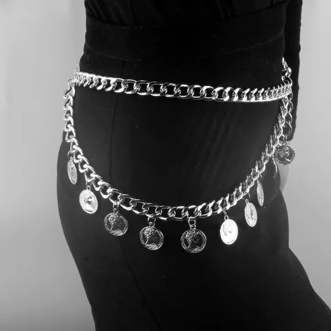 Women's Vintage Alloy Double Layer Waist Chain With Portrait Coin Pendants Curb Chain Belt For Dresses Party Jewelry