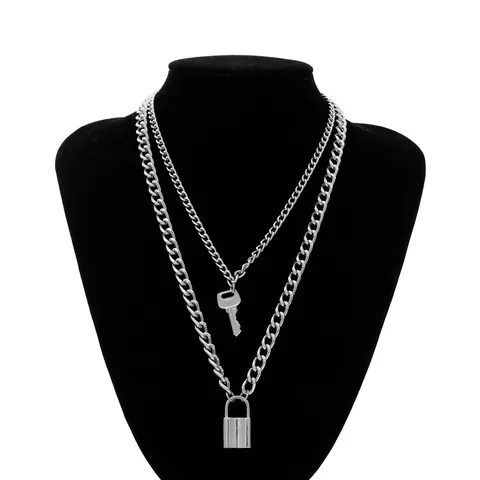 Doppelschicht Legierung Schloss Und Schlüssel Anhänger Halskette Vintage Punk Panzerkette Schlüssel Charm Kette Für Damen Schmuck