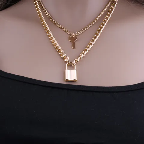 Doppelschicht Legierung Schloss Und Schlüssel Anhänger Halskette Vintage Punk Panzerkette Schlüssel Charm Kette Für Damen Schmuck