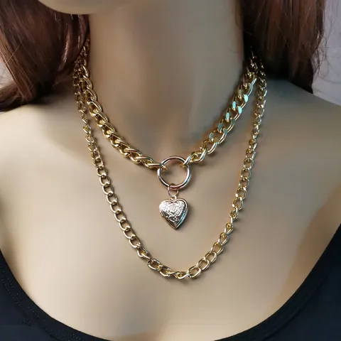 Collana a Doppia Catena Cubana Robusta Retro Punk Con Pendente a Medaglione a Cuore per Donna Gioielli in Lega di Zinco Oro Argento
