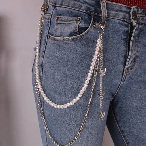 Catena per Pantaloni Multistrato a Farfalla in Lega d'Argento Stile Harajuku Con Catenina da Vita in Perla Artificial di Imitazione Per Donna Uomo Accessori Moda