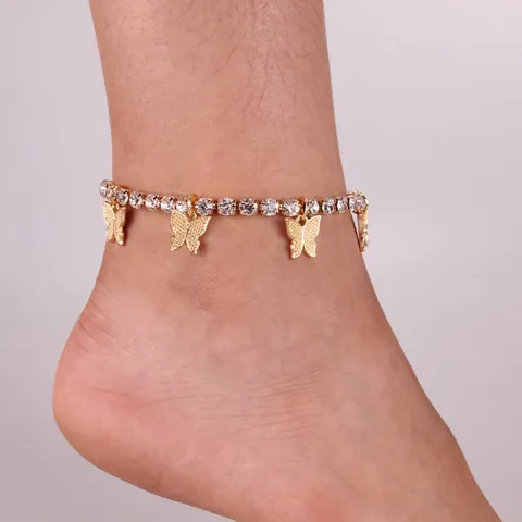 Butterfly Pendant Zircon Anklet Rhinestone Copper Tennis Chain Foot Jewelry Fashion Accessory For Women Summer Beach Gift