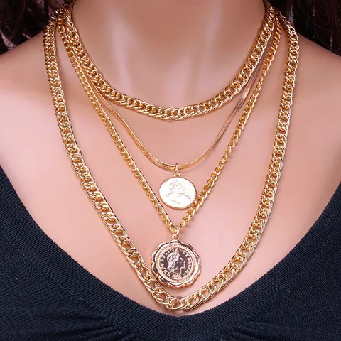 Vintage Multi-layered Alloy Coin Pendant Necklace For Women Gold Silver Curb Snake Chain Hip Hop Punk Street Jewelry