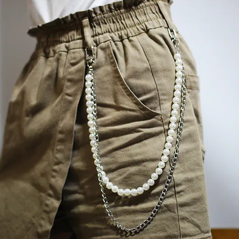 Catena da Pantaloni Punk a Doppio Strato Con Imitazione Perla Artificial e Catena in Lega Hip Hop Streetwear Cintura Gioielli per Uomo Donna