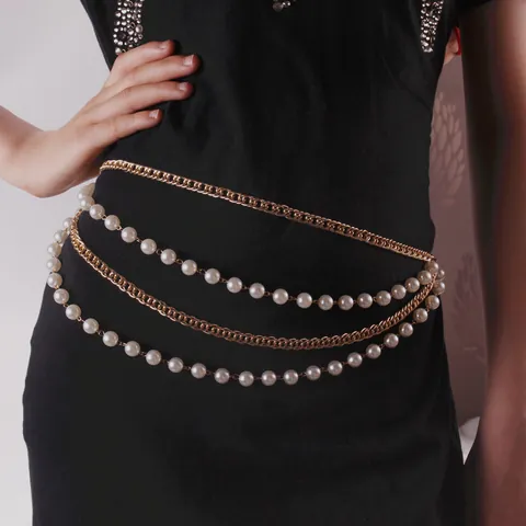Catena in Vita Sexy Multistrato da Donna Con Perla Sintetica e Nappina Catena del Corpo Cintura in Metallo Oro Argento