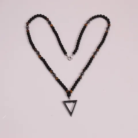Herren Perlenkette Mit Metall Dreieck Anhänger Heilung Natürliche Tigerauge Hämatit Achat Stein Schmuck Für Männer Punk Stil