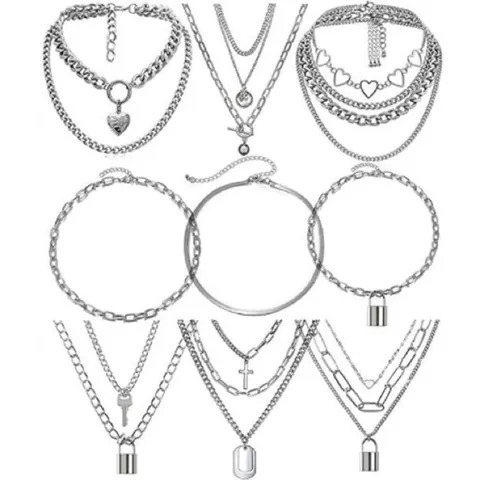 Layered Alloy Pendant Necklace For Women Gold Silver Heart Lock Cross Coin Geometric Fashion Hip Hop Jewelry Gift