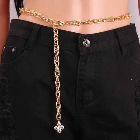 Mode Vrouwen Legering Metalen Body Ketting Taille Riem Met Strass Kruis Klaver Hanger Verstelbare Sieraden Voor Jeans Jurk