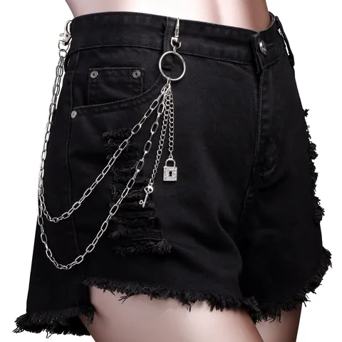 Hip Hop Punk Doppelschicht Silber Metall Hose Kette Mit Strass Schloss Und Totenkopf Schlüssel Anhänger Streetwear Kette