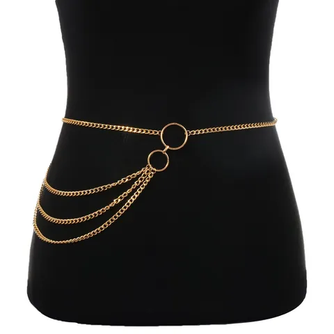 Ceinture de Taille Multicouche en Métal Punk Chaîne de Corps Sexy pour Femmes Plqué Or Argent Double Anneau Gland Bijou de Corps
