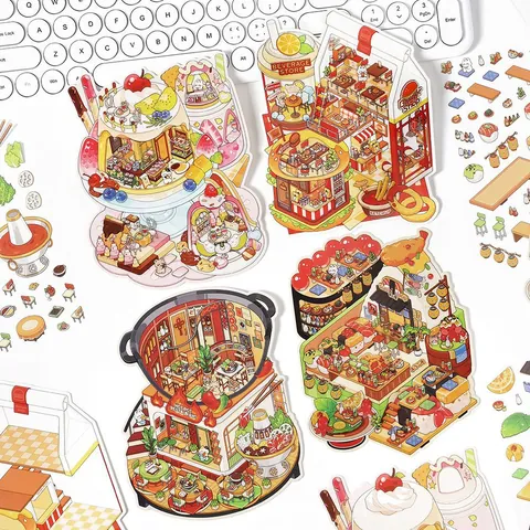Miniature Food Shop Scene Stickers Set PET Waterproof 2.5D Deco Stickers For DIY Journaling Scrapbooking Kids Adult Gift