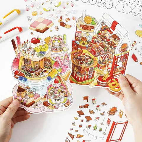Miniature Food Shop Scene Stickers Set PET Waterproof 2.5D Deco Stickers For DIY Journaling Scrapbooking Kids Adult Gift