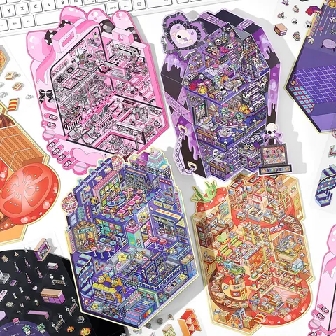 2.5D Isometric Decorative Scene Stickers PET Material Cute Cartoon Buildings DIY Scrapbooking Handbook Journal Decor Stickers