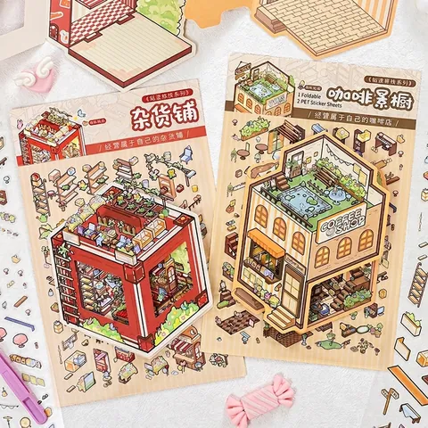 3D DIY Miniature Scene Pop Up Stickers For Scrapbooking Hand Account Decoration Coffee Shop Grocery Style Creative Material