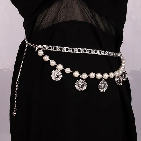 Catena da Vita con Pendente a Moneta Vintage per Donna Catena per il Corpo Multistrato con Künstliche Perle Sintetiche Cintura in Metallo Gioielli Sexy Oro Argento