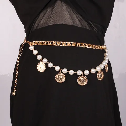 Catena da Vita con Pendente a Moneta Vintage per Donna Catena per il Corpo Multistrato con Künstliche Perle Sintetiche Cintura in Metallo Gioielli Sexy Oro Argento