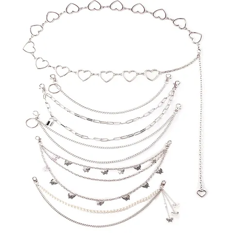 Punk Layered Trouser Chain For Women Men Hip Hop Butterfly Heart Pearl Pendant Silver Alloy Waist Chain Streetwear Jewelry